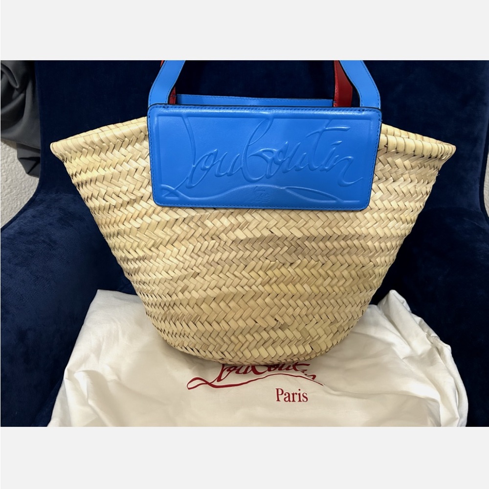 CHRISTIAN LOUBOUTIN Loubishore Woven Embossed Leather Blue Straw Tote Bag